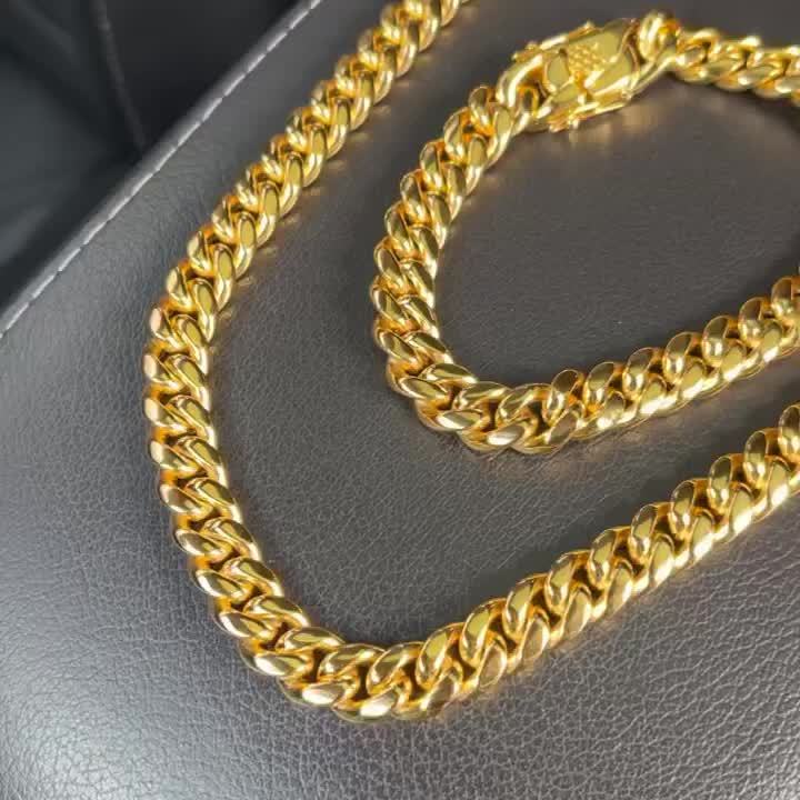2PCS 18K Gold Plated Cuban Chain Set – Men's Stainless Steel Necklace and Bracelet, Luxury Golden Jewelry