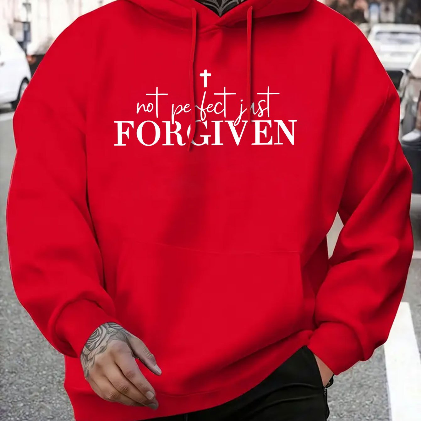 Men’s Christian “Not Perfect FORGIVEN” Hoodie – Faith Cross Print, Warm Casual Pullover, Adjustable Hood & Pocket