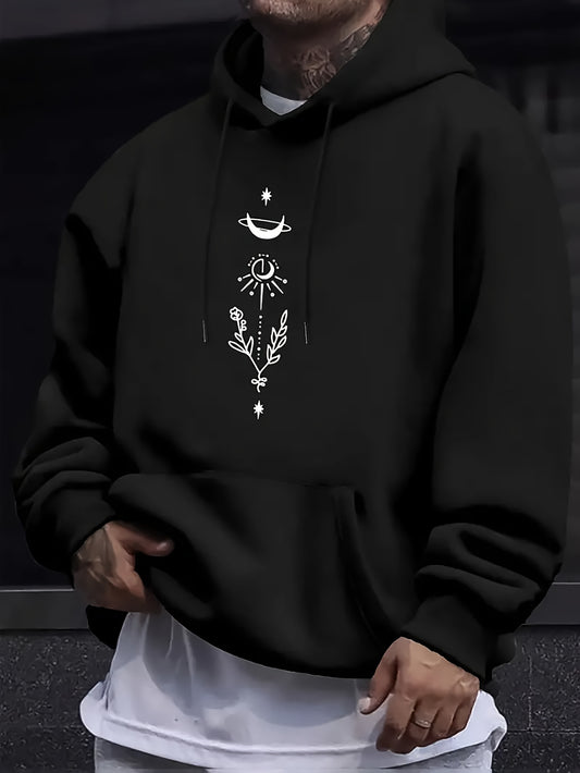 Men’s Sun, Moon & Stars Hoodie – Creative Floral Print, Casual Fashion Pullover