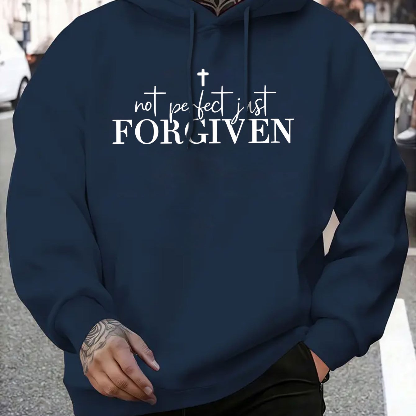 Men’s Christian “Not Perfect FORGIVEN” Hoodie – Faith Cross Print, Warm Casual Pullover, Adjustable Hood & Pocket