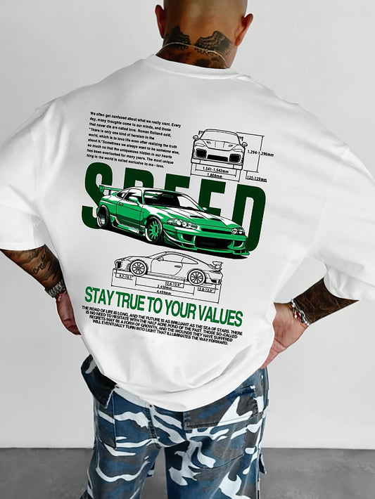 Men’s Sports Car T-Shirt – Creative Life Slogan, Double-Sided Print, Casual Short-Sleeve Round Neck