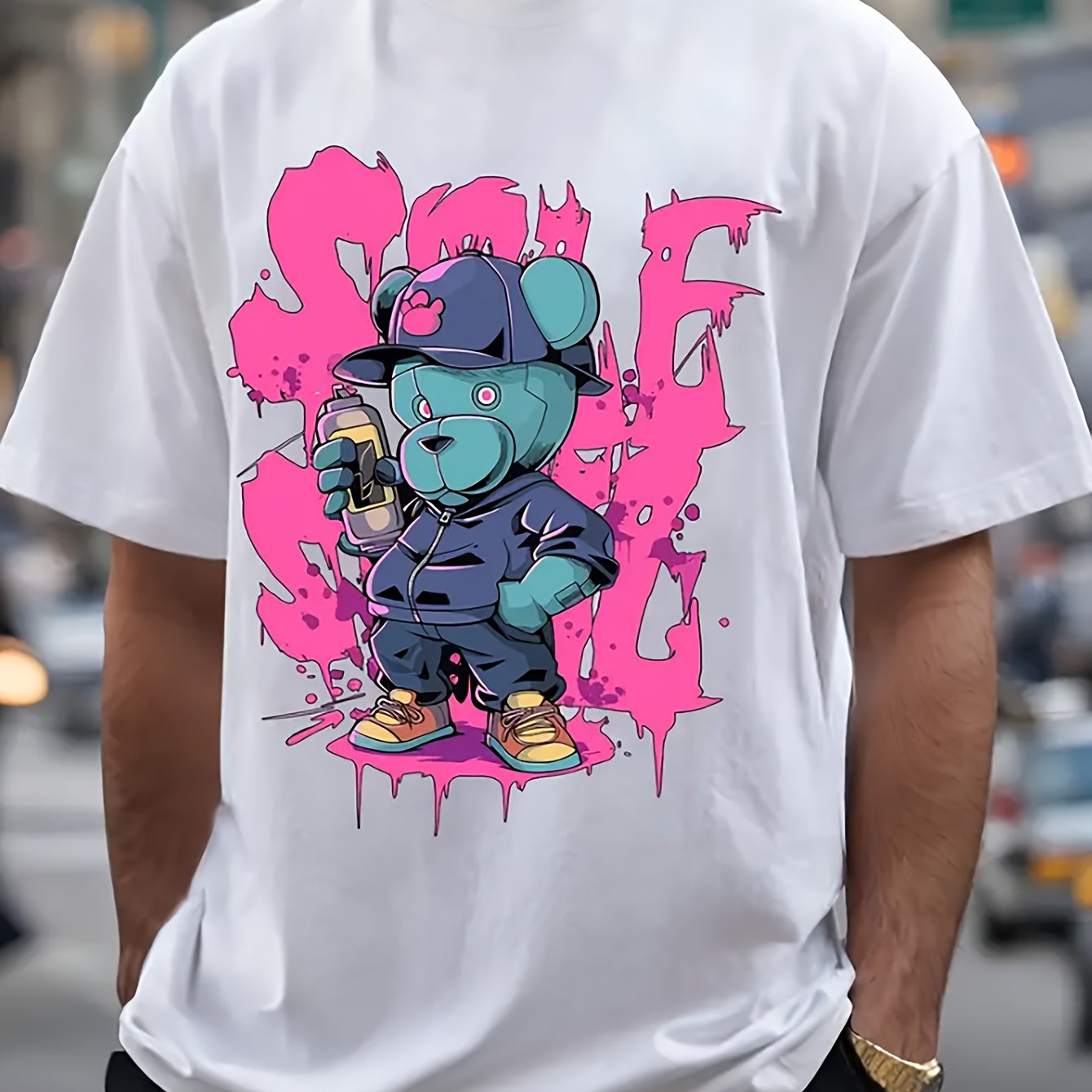 Men’s Creative Bear Print T-Shirt – Trendy Alphabet Design, Casual Short-Sleeve Round Neck Tee