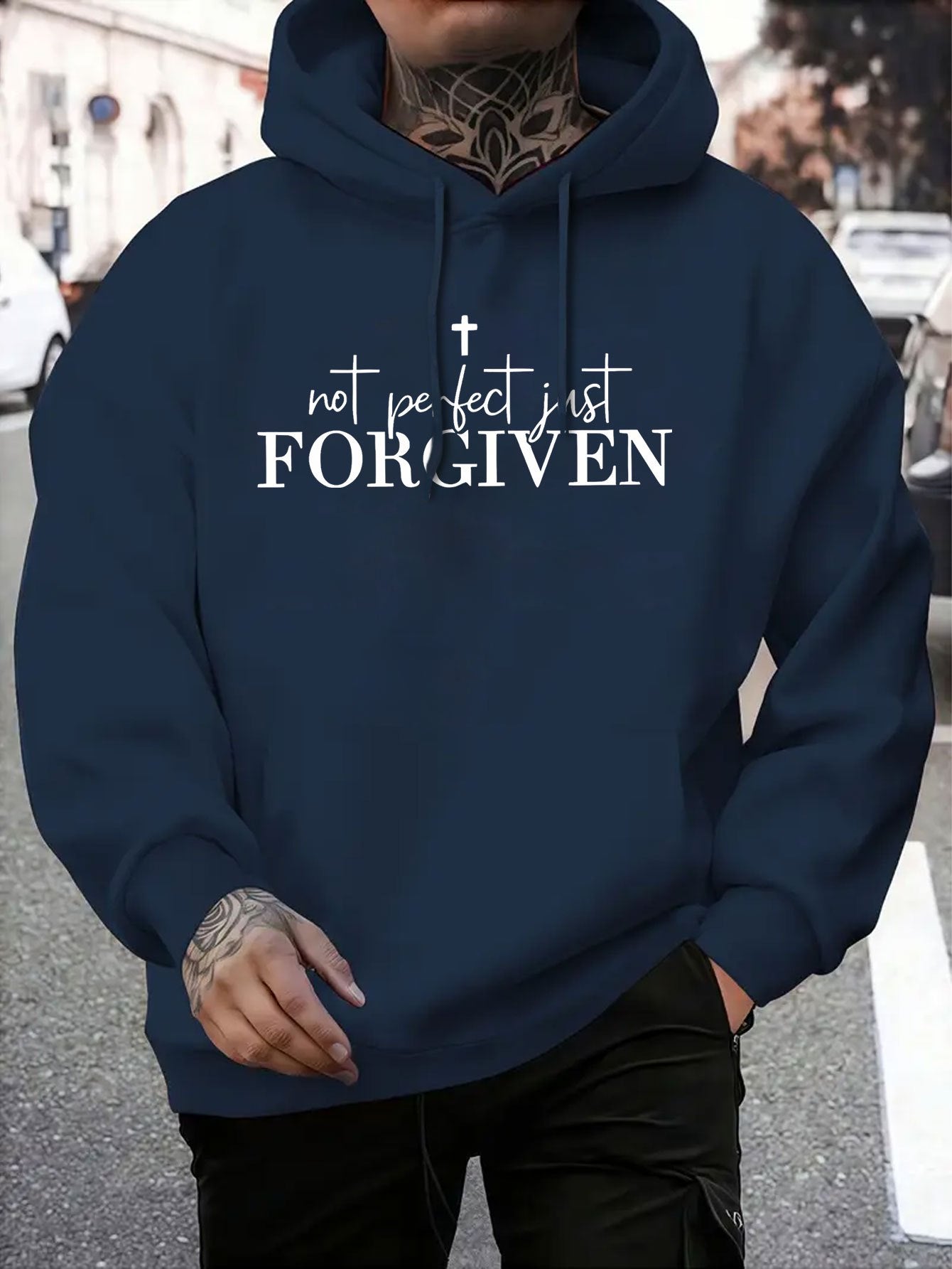 Men’s Christian “Not Perfect FORGIVEN” Hoodie – Faith Cross Print, Warm Casual Pullover, Adjustable Hood & Pocket