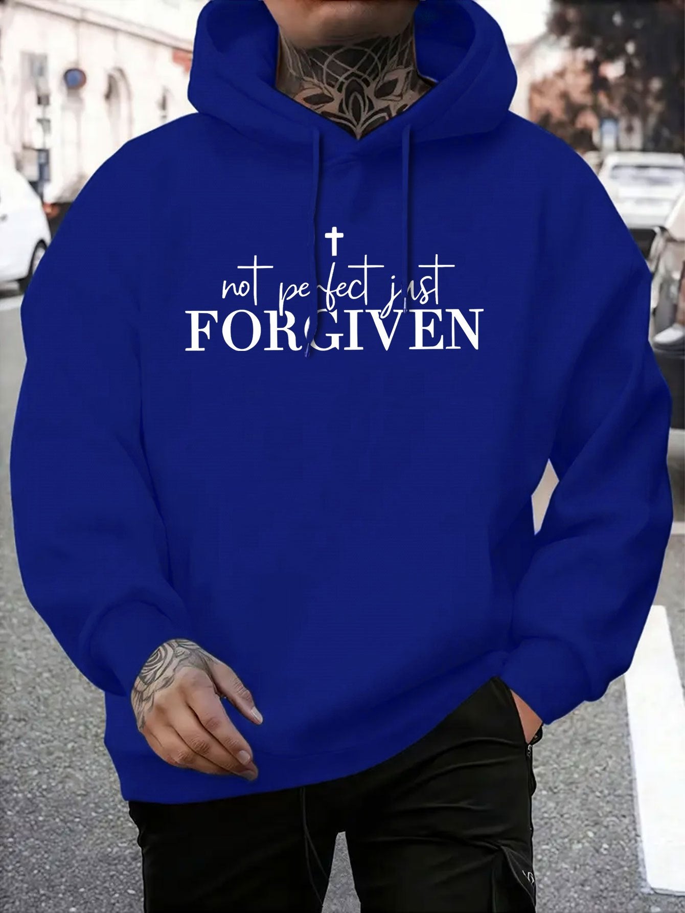 Men’s Christian “Not Perfect FORGIVEN” Hoodie – Faith Cross Print, Warm Casual Pullover, Adjustable Hood & Pocket