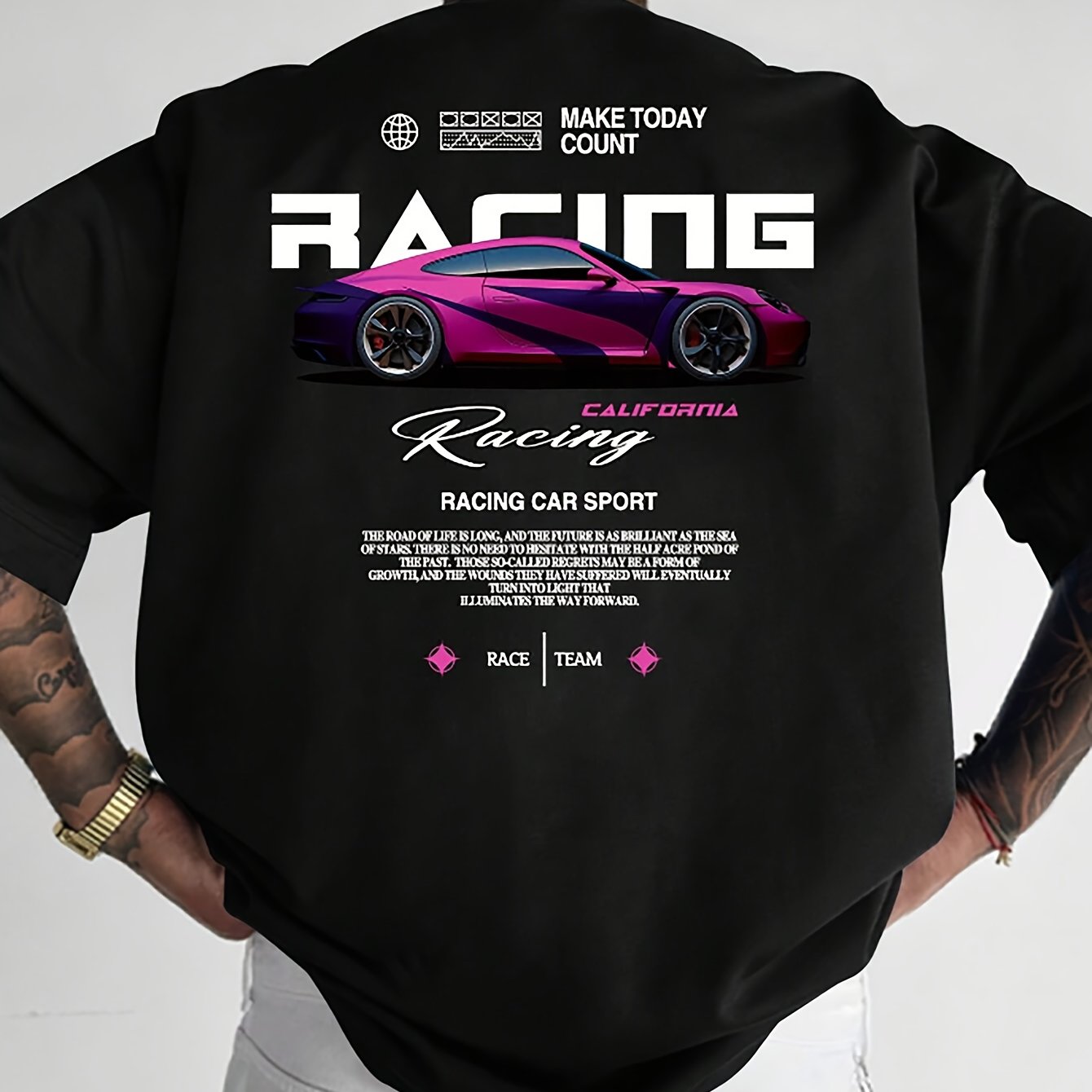 Men’s Racing Car T-Shirt – Creative Letters & Slogan Print, Casual Short-Sleeve Round Neck Tee