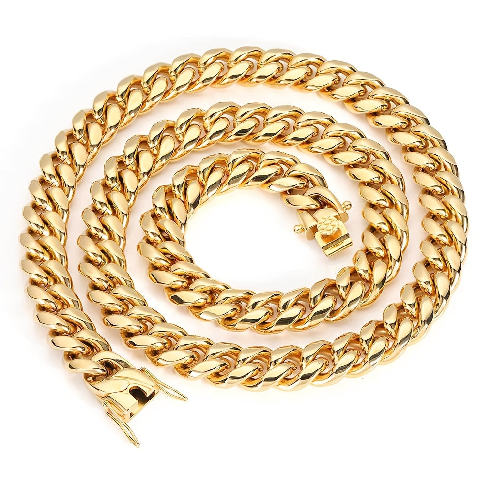 2PCS 18K Gold Plated Cuban Chain Set – Men's Stainless Steel Necklace and Bracelet, Luxury Golden Jewelry