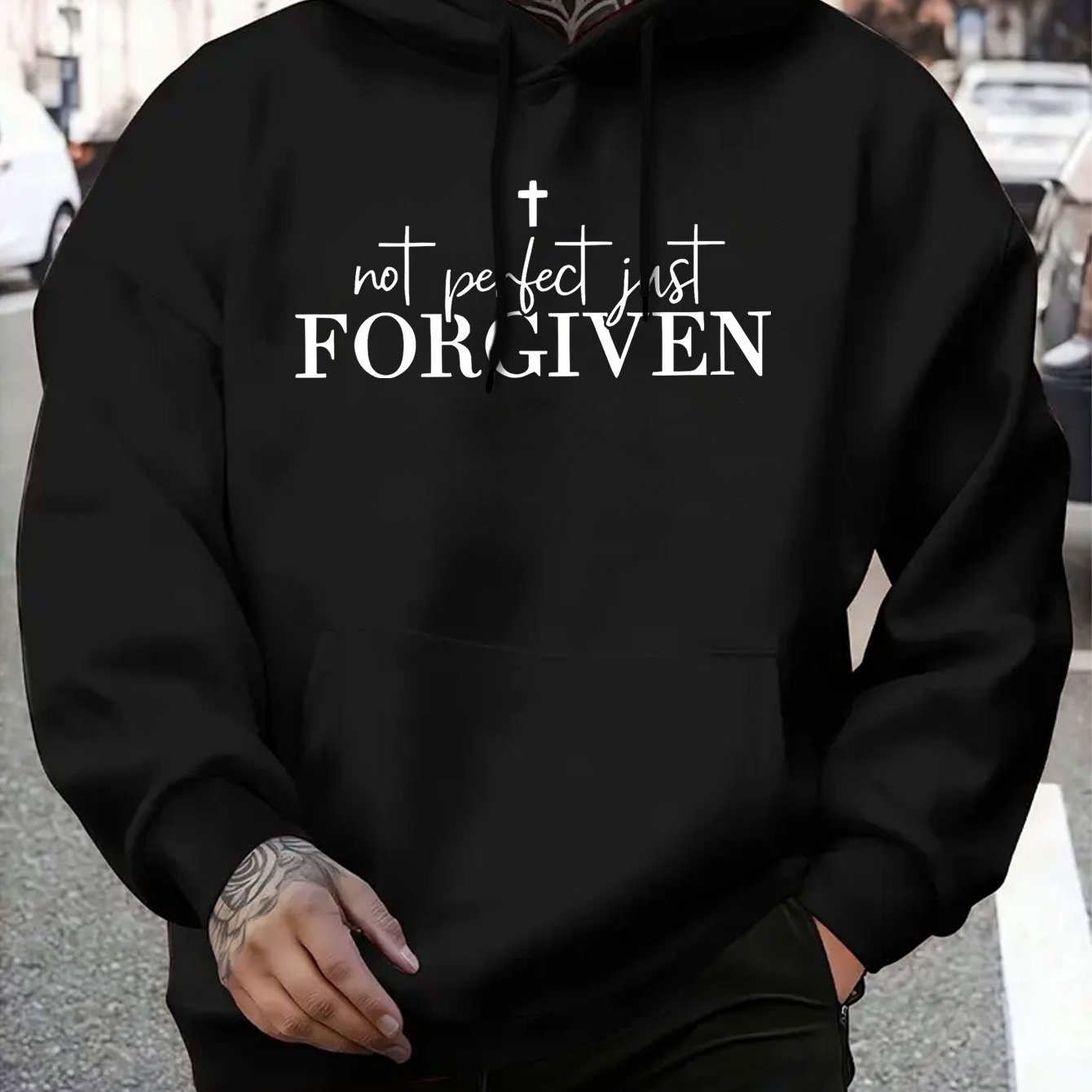 Men’s Christian “Not Perfect FORGIVEN” Hoodie – Faith Cross Print, Warm Casual Pullover, Adjustable Hood & Pocket