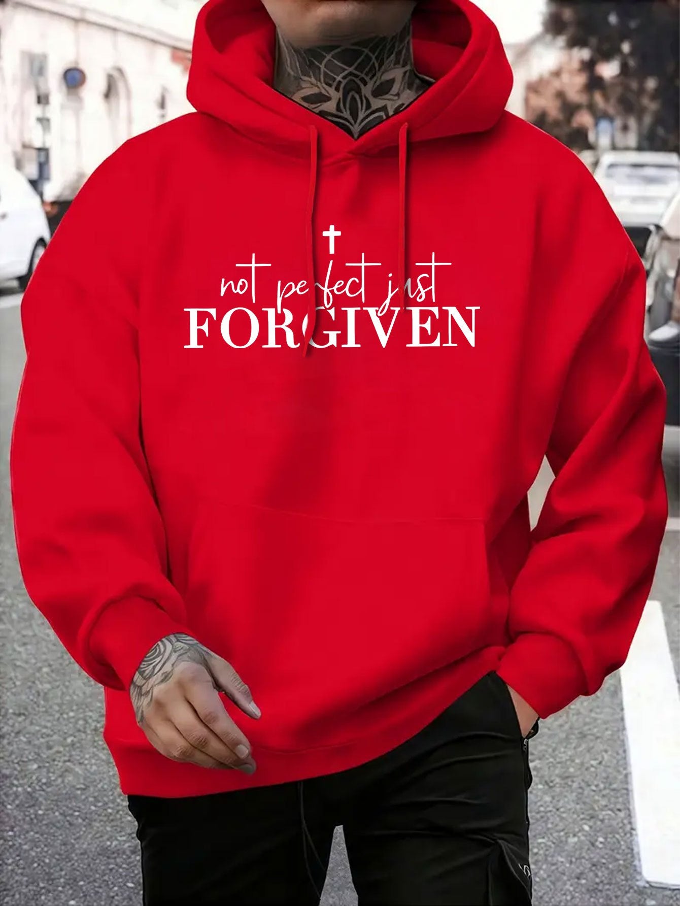 Men’s Christian “Not Perfect FORGIVEN” Hoodie – Faith Cross Print, Warm Casual Pullover, Adjustable Hood & Pocket
