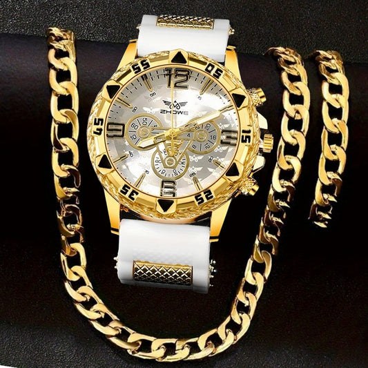3PCS Men’s Watch & Bracelet Set – Elegant Quartz Wristwatch, Fashion & Business Style, Silicone Strap