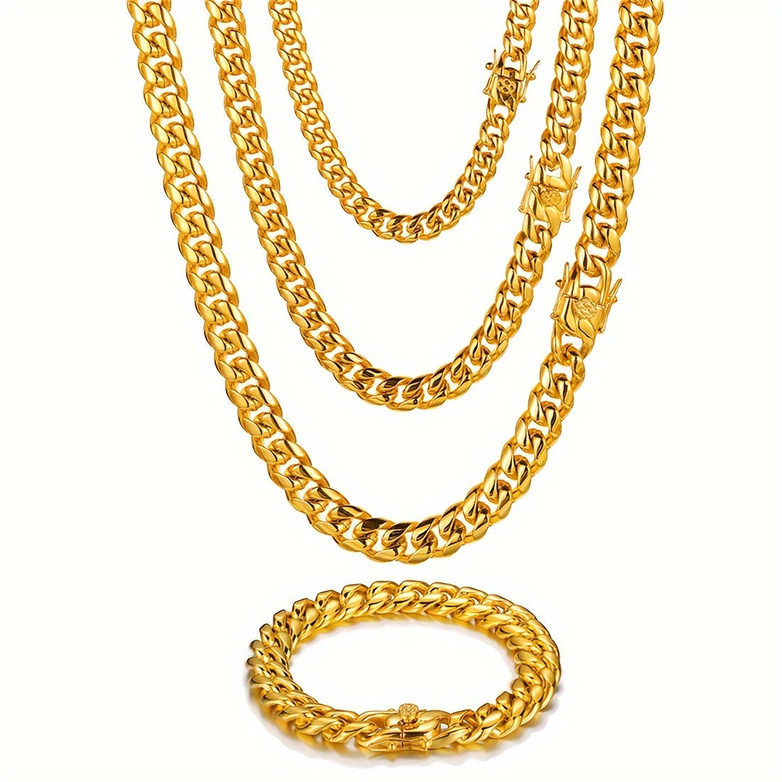 2PCS 18K Gold Plated Cuban Chain Set – Men's Stainless Steel Necklace and Bracelet, Luxury Golden Jewelry