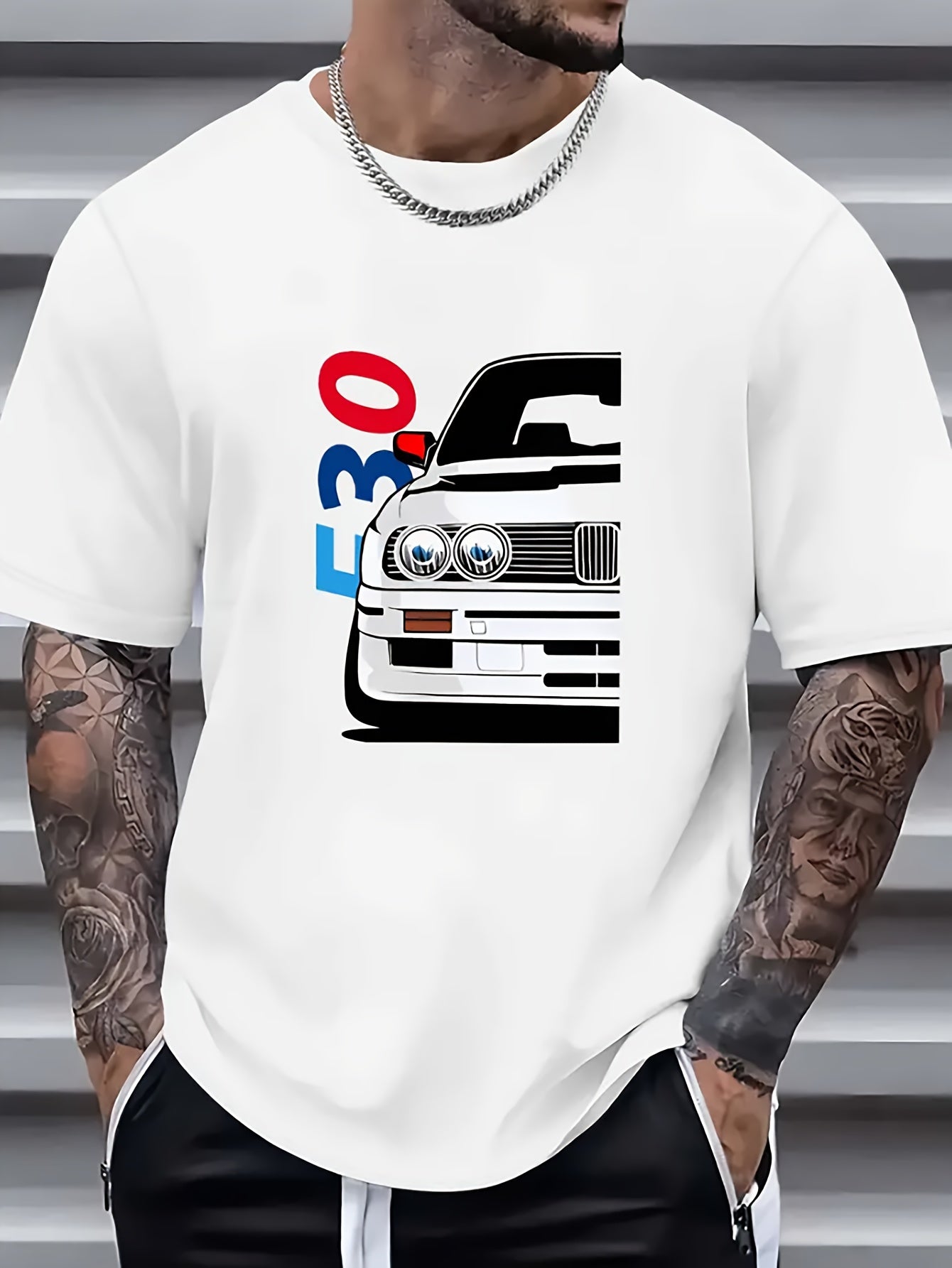 Men’s Racing Car Print T-Shirt – Creative Letter Design, Casual Short-Sleeve Round Neck Tee