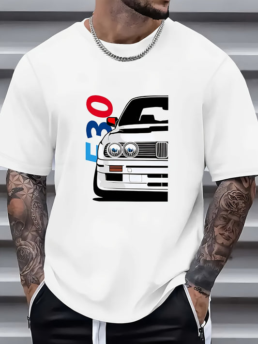 Men’s Racing Car Print T-Shirt – Creative Letter Design, Casual Short-Sleeve Round Neck Tee
