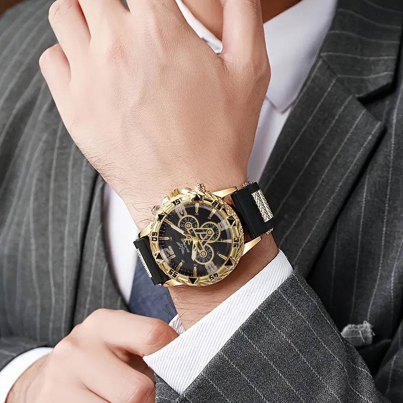 3PCS Men’s Watch & Bracelet Set – Elegant Quartz Wristwatch, Fashion & Business Style, Silicone Strap