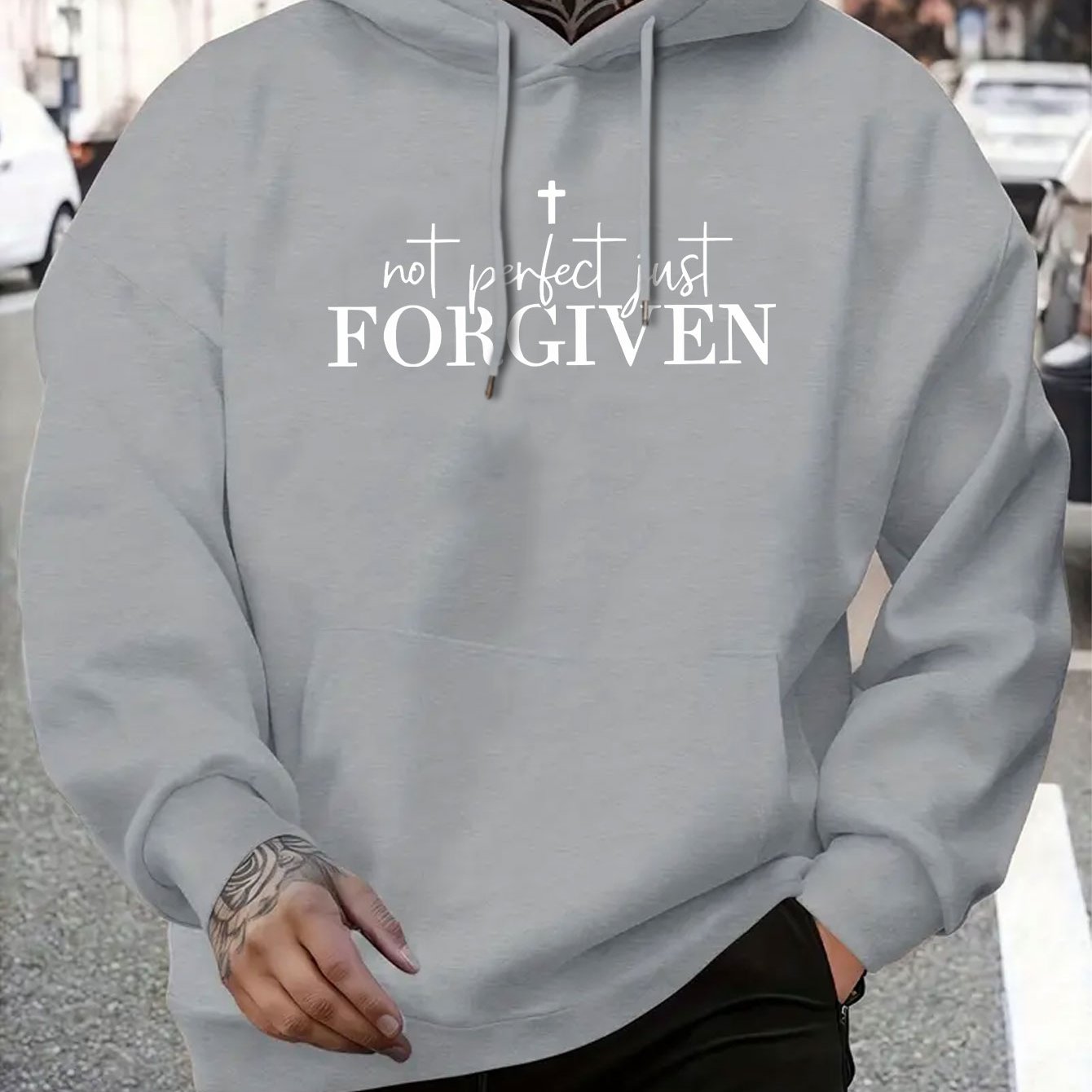 Men’s Christian “Not Perfect FORGIVEN” Hoodie – Faith Cross Print, Warm Casual Pullover, Adjustable Hood & Pocket