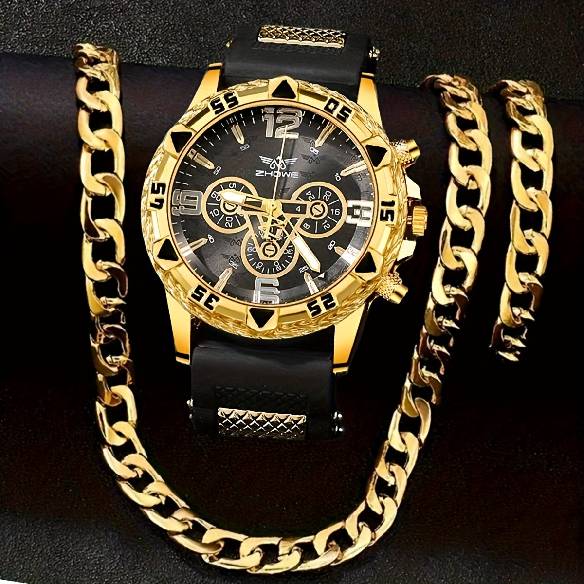 3PCS Men’s Watch & Bracelet Set – Elegant Quartz Wristwatch, Fashion & Business Style, Silicone Strap