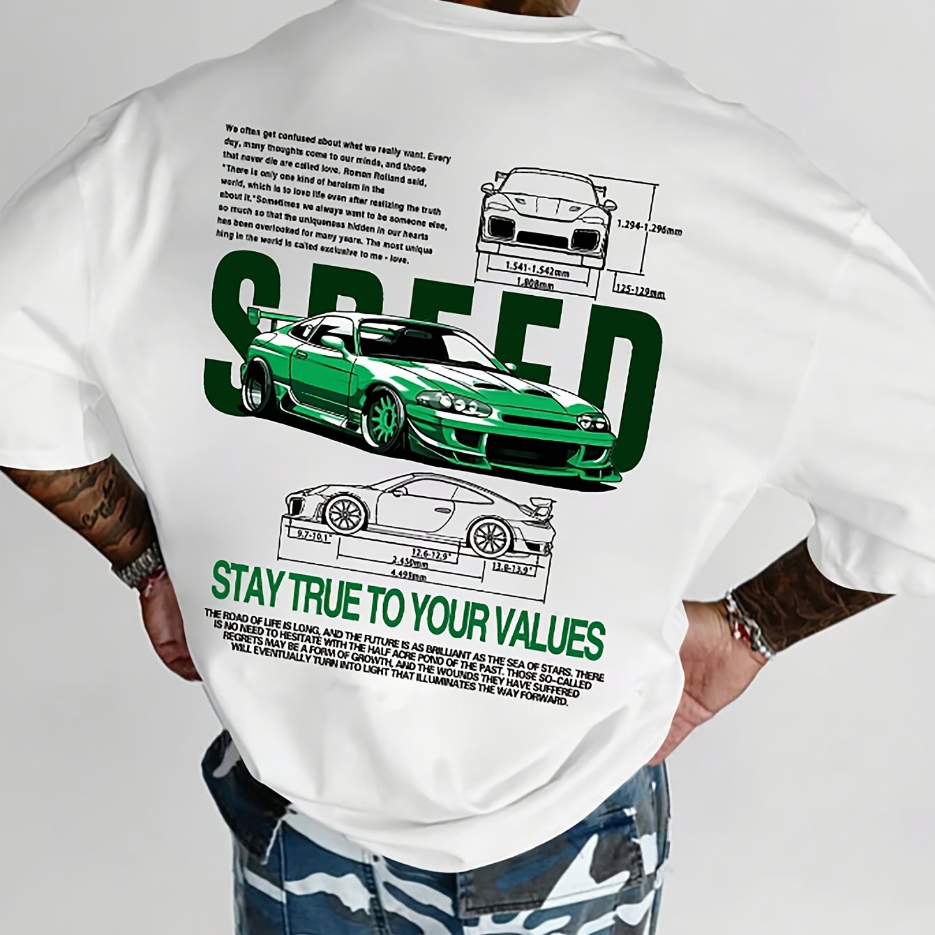 Men’s Sports Car T-Shirt – Creative Life Slogan, Double-Sided Print, Casual Short-Sleeve Round Neck