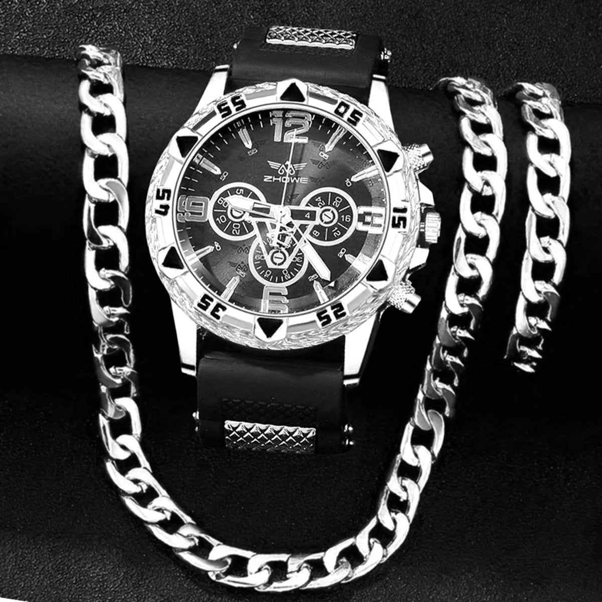3PCS Men’s Watch & Bracelet Set – Elegant Quartz Wristwatch, Fashion & Business Style, Silicone Strap