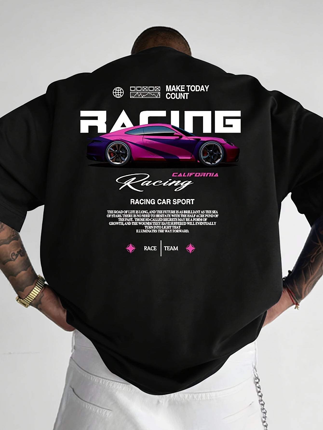 Men’s Racing Car T-Shirt – Creative Letters & Slogan Print, Casual Short-Sleeve Round Neck Tee