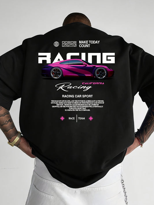 Men’s Racing Car T-Shirt – Creative Letters & Slogan Print, Casual Short-Sleeve Round Neck Tee