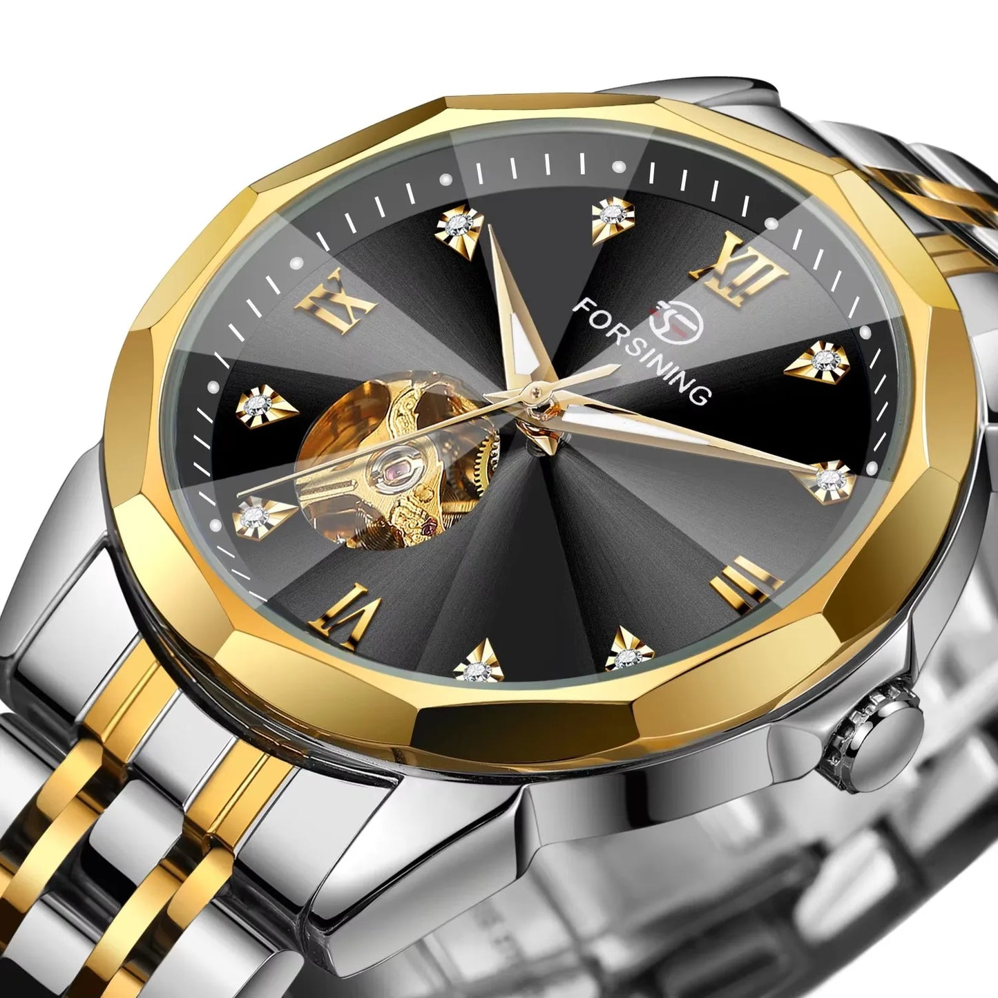 FORSINING Gold & Blue Automatic Watch – Men's Skeleton Tourbillon Mechanical Timepiece