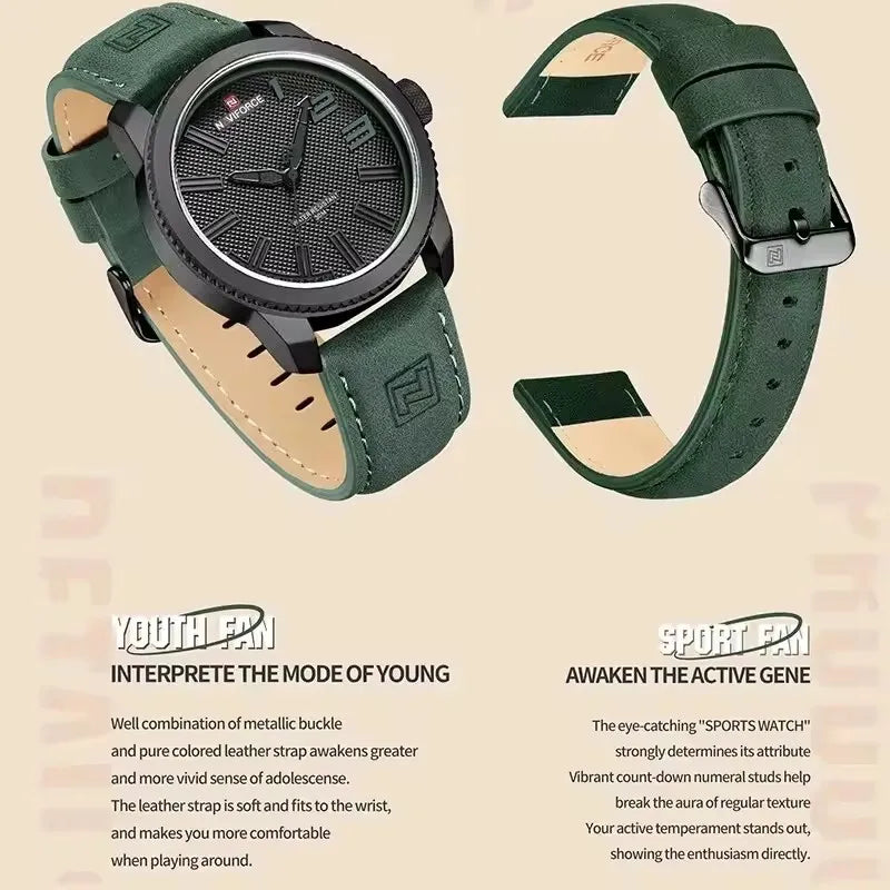 NAVIFORCE 9202L Men’s Sport Watch – Waterproof, Shockproof, Leather Strap, Fashion Casual Design