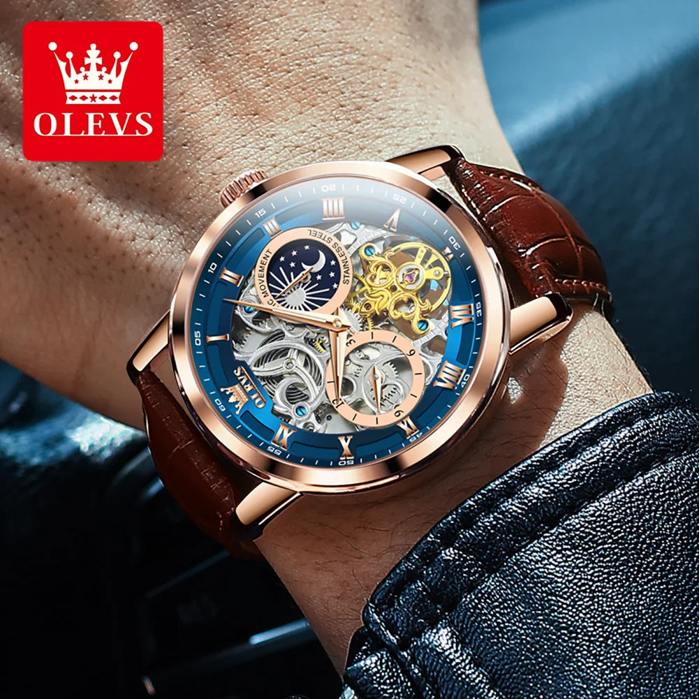 OLEVS 6670 Men’s Automatic Skeleton Watch – Luxury Mechanical Design, Leather Strap, Top Brand Stylep Brand Style