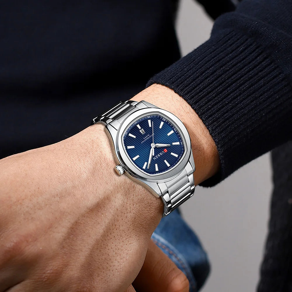 CURREN 8474 Men's Quartz Watch – Silver & Blue Stainless Steel, Waterproof Sport & Casual Wristwatch with Luminous Hands