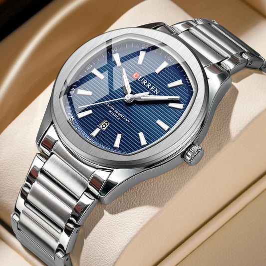 CURREN 8474 Men's Quartz Watch – Silver & Blue Stainless Steel, Waterproof Sport & Casual Wristwatch with Luminous Hands