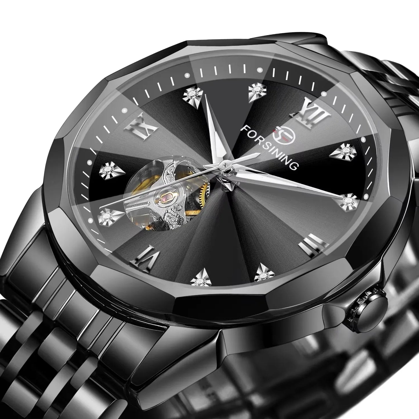 FORSINING Gold & Blue Automatic Watch – Men's Skeleton Tourbillon Mechanical Timepiece