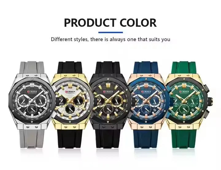 CURREN 8464 Men's Chronograph Watch – 2024 Fashion Quartz, Blue Silicone Strap, Waterproof with Calendar