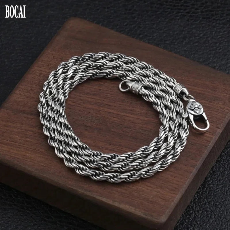 BOCAI 4MM S925 Sterling Silver Weave Necklace – Men's Punk Fashion Jewelry for Party