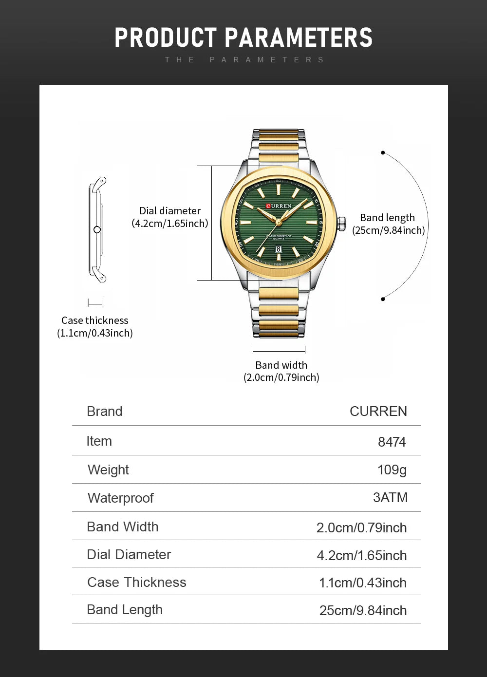 CURREN 8474 Men's Quartz Watch – Silver & Blue Stainless Steel, Waterproof Sport & Casual Wristwatch with Luminous Hands