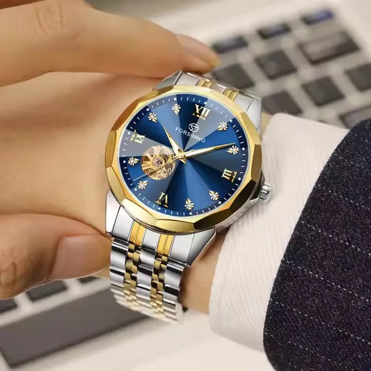 FORSINING Gold & Blue Automatic Watch – Men's Skeleton Tourbillon Mechanical Timepiece