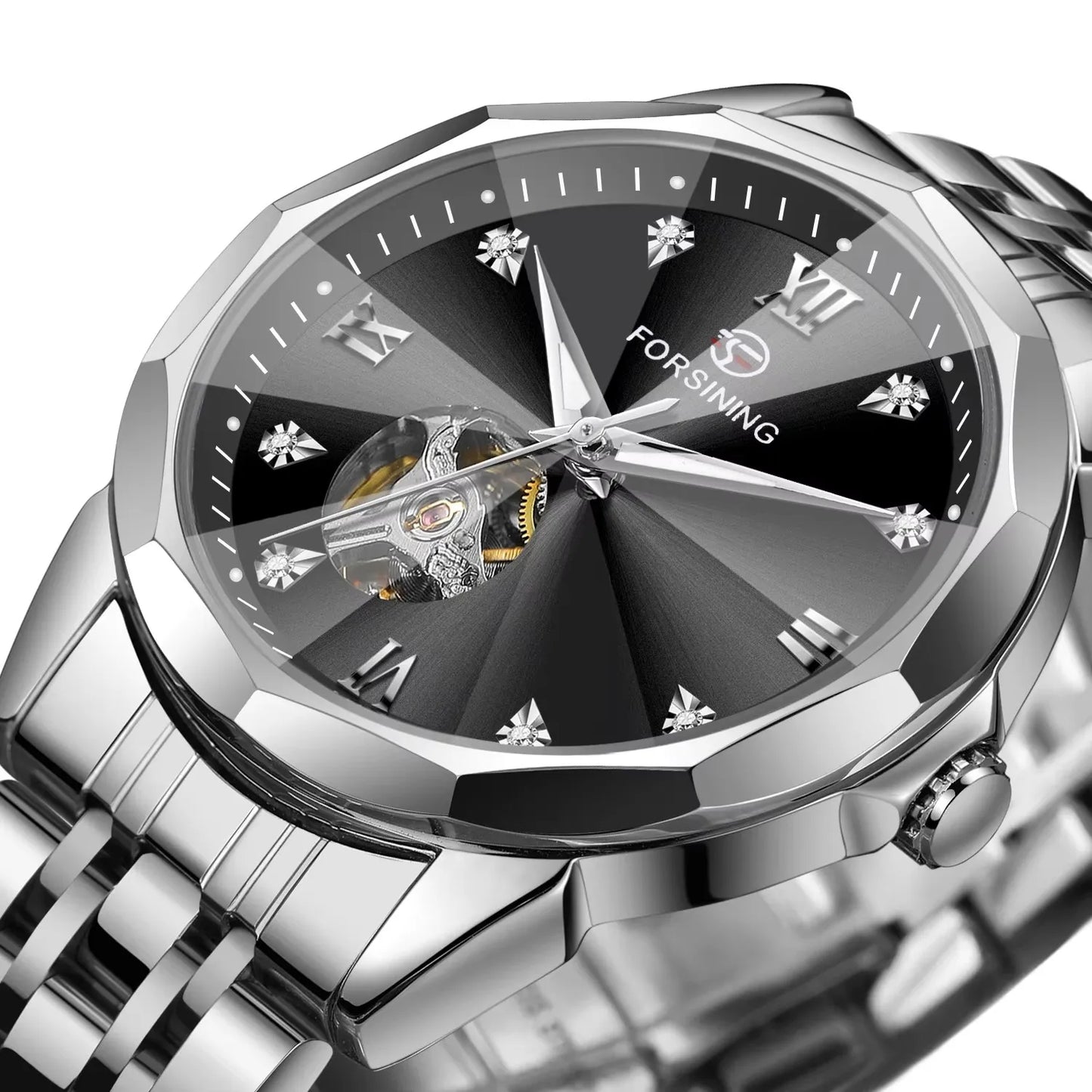 FORSINING Gold & Blue Automatic Watch – Men's Skeleton Tourbillon Mechanical Timepiece