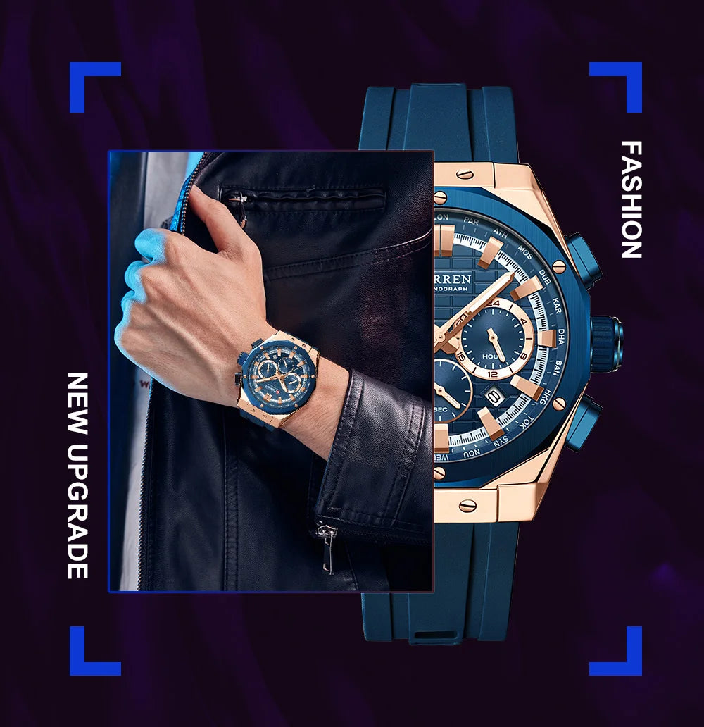 CURREN 8464 Men's Chronograph Watch – 2024 Fashion Quartz, Blue Silicone Strap, Waterproof with Calendar