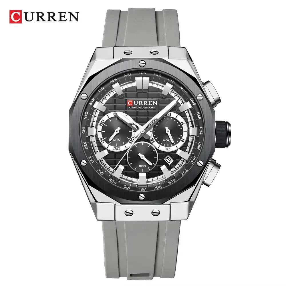 CURREN 8464 Men's Chronograph Watch – 2024 Fashion Quartz, Blue Silicone Strap, Waterproof with Calendar