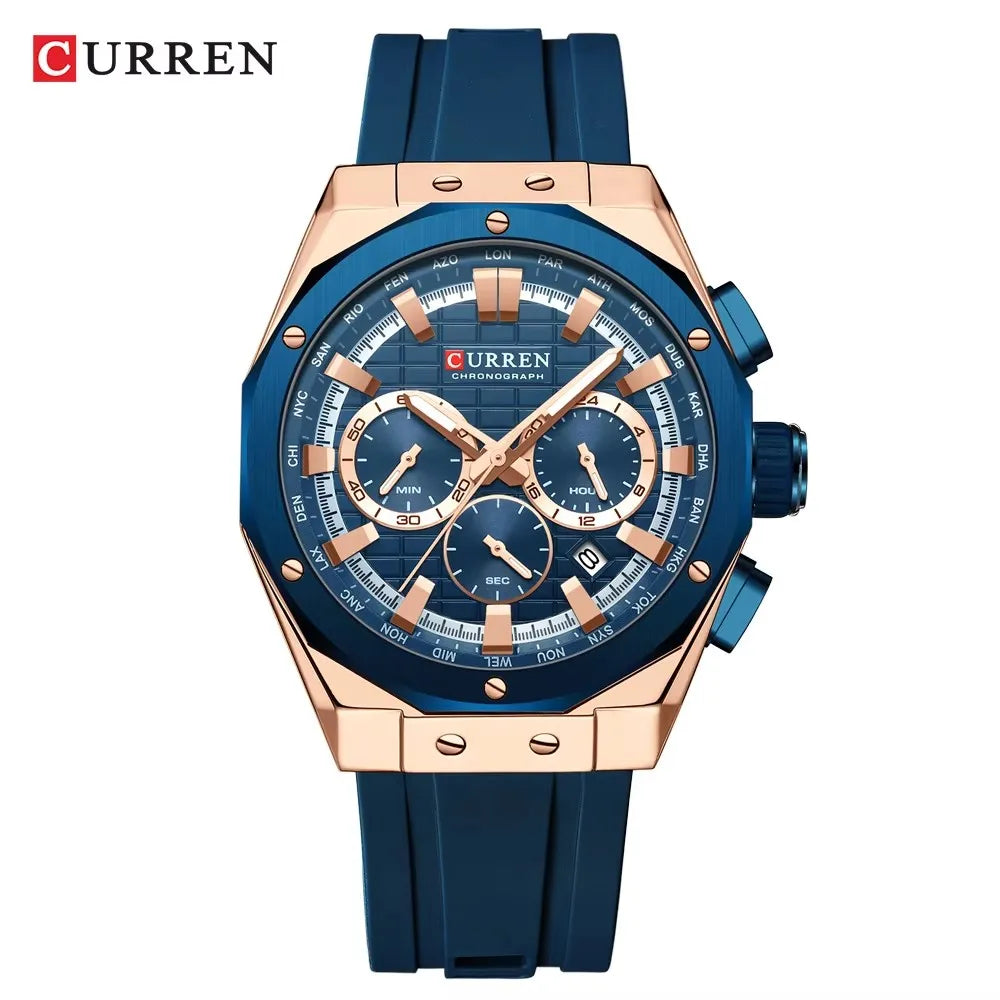 CURREN 8464 Men's Chronograph Watch – 2024 Fashion Quartz, Blue Silicone Strap, Waterproof with Calendar