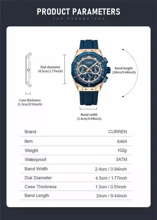 CURREN 8464 Men's Chronograph Watch – 2024 Fashion Quartz, Blue Silicone Strap, Waterproof with Calendar