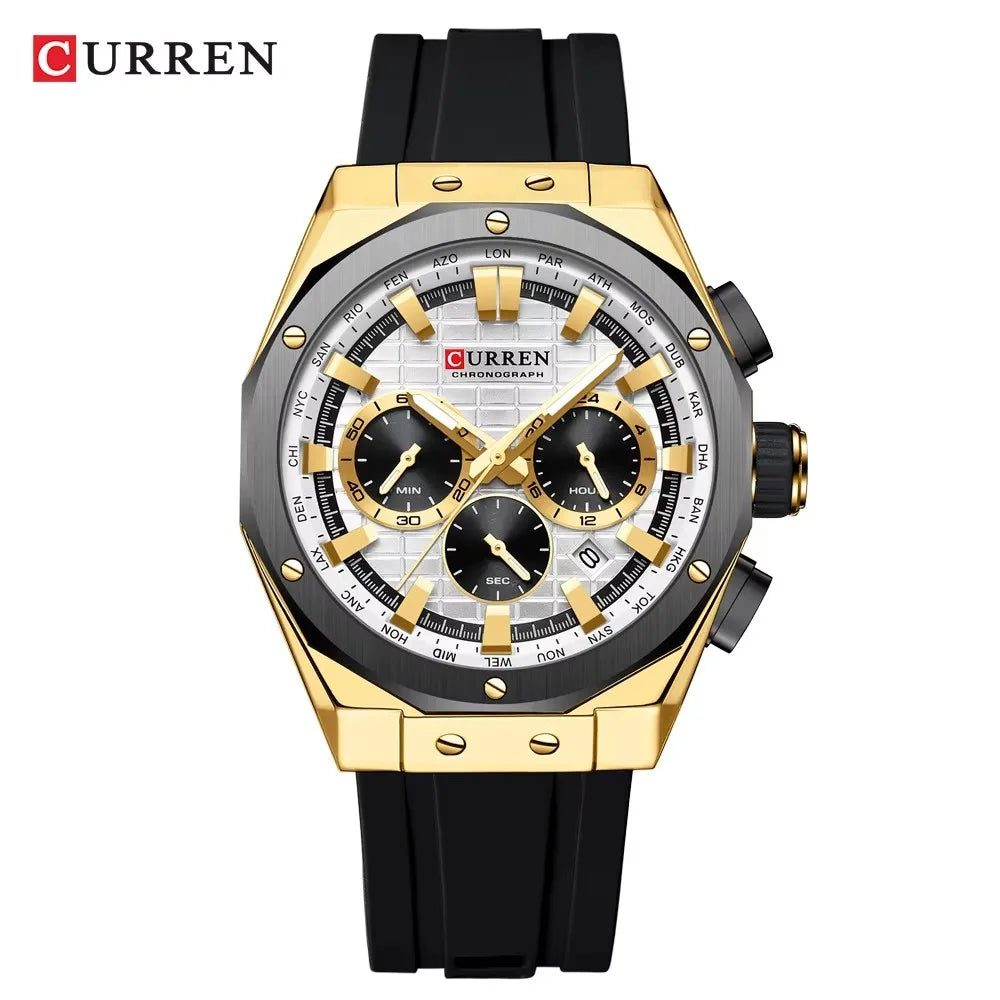 CURREN 8464 Men's Chronograph Watch – 2024 Fashion Quartz, Blue Silicone Strap, Waterproof with Calendar