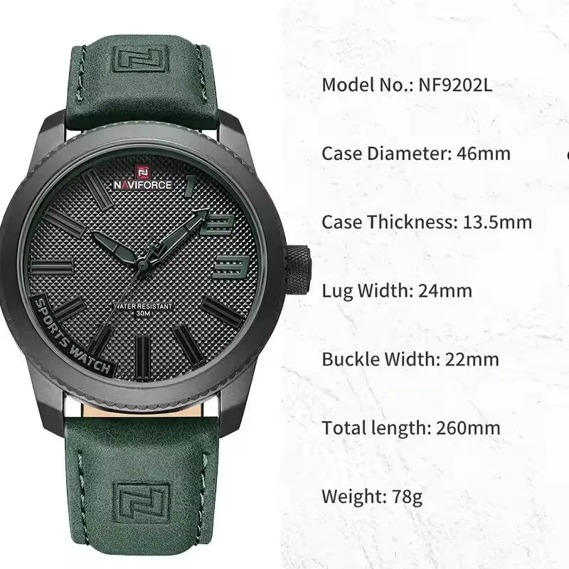 NAVIFORCE 9202L Men’s Sport Watch – Waterproof, Shockproof, Leather Strap, Fashion Casual Design