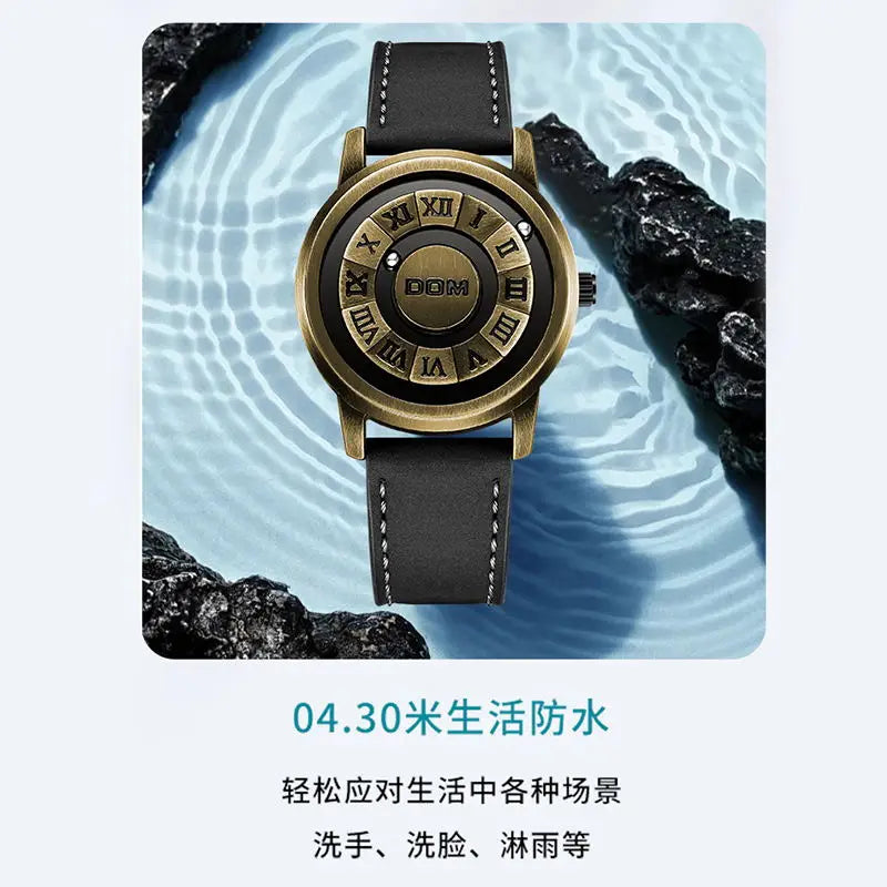 DOM Magnetic Ball Watch – Men's Fashion Quartz Wristwatch with Black Leather Strap, Waterproof & Stylish Design