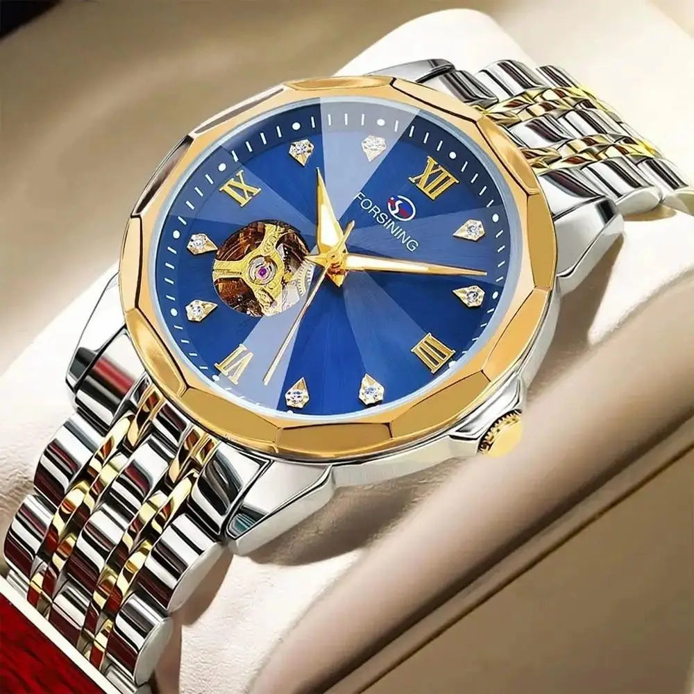 FORSINING Gold & Blue Automatic Watch – Men's Skeleton Tourbillon Mechanical Timepiece