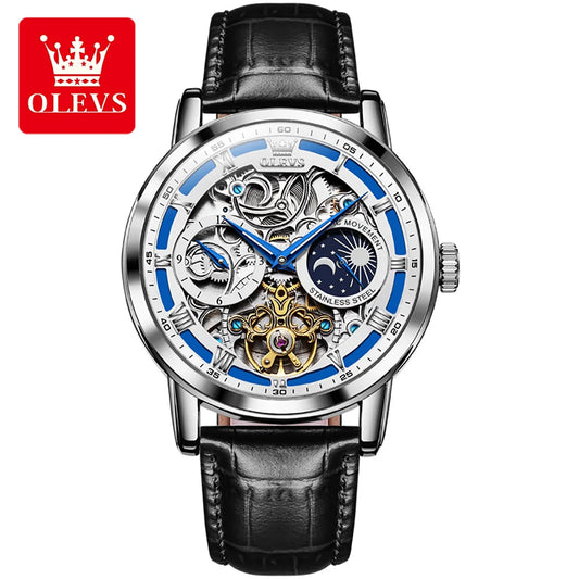 Mechanical watch with black leather strap and blue accents on a white background, featuring the OLEVS brand.