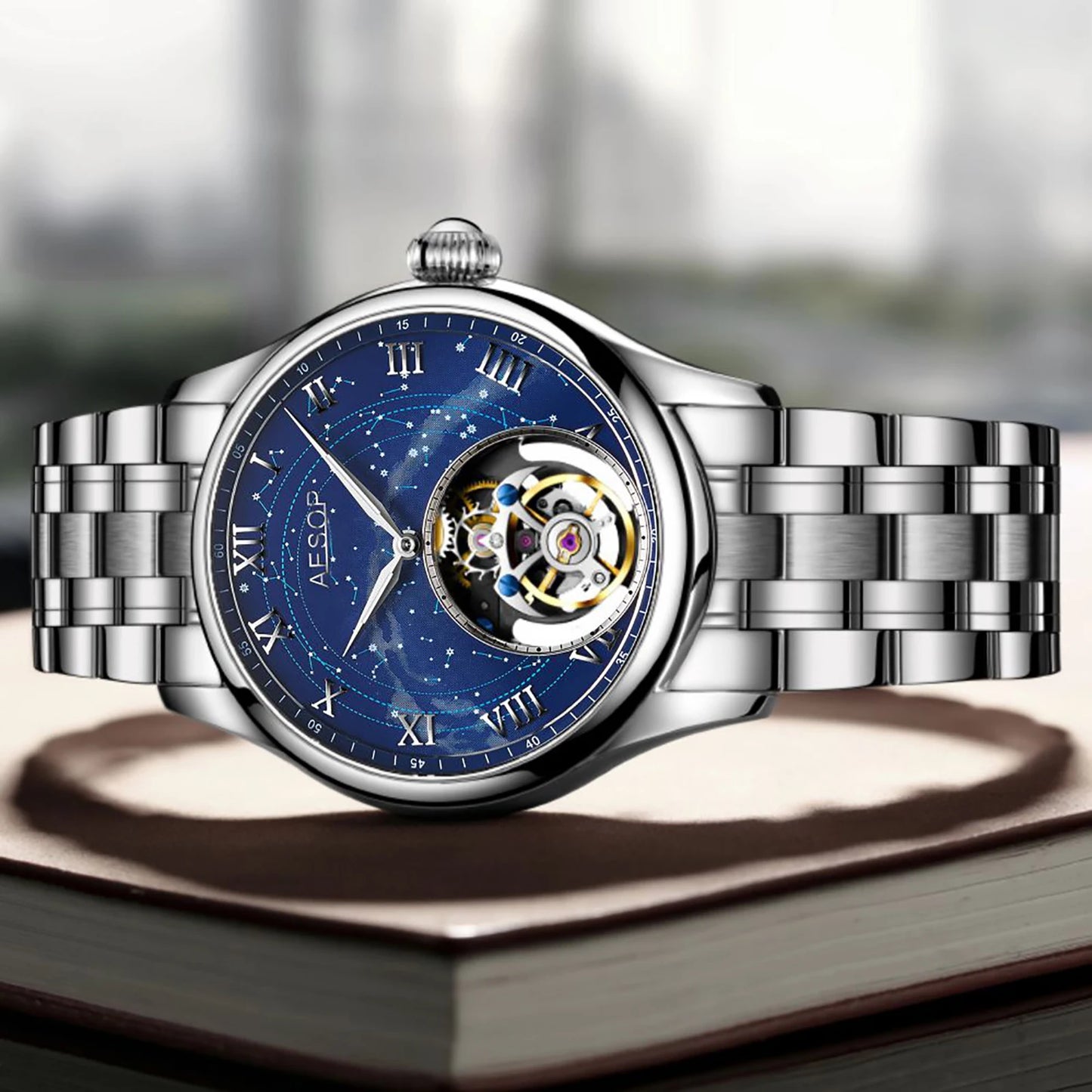AESOP Starry Sky Tourbillon Watch – Men's Mechanical Stainless Steel Waterproof Wristwatch