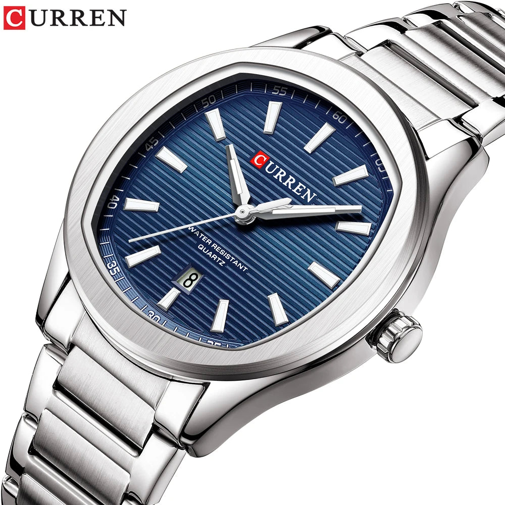 CURREN 8474 Men's Quartz Watch – Silver & Blue Stainless Steel, Waterproof Sport & Casual Wristwatch with Luminous Hands