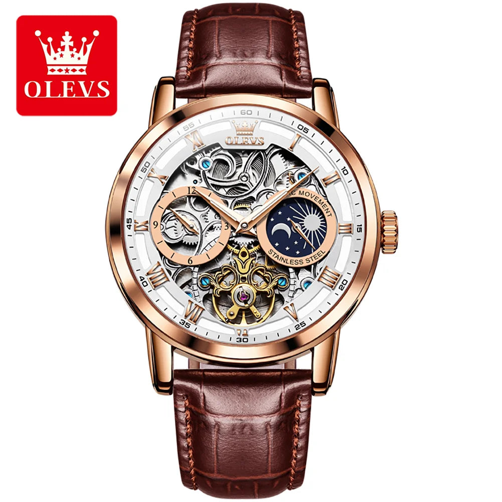 OLEVS 6670 Men’s Automatic Skeleton Watch – Luxury Mechanical Design, Leather Strap, Top Brand Stylep Brand Style
