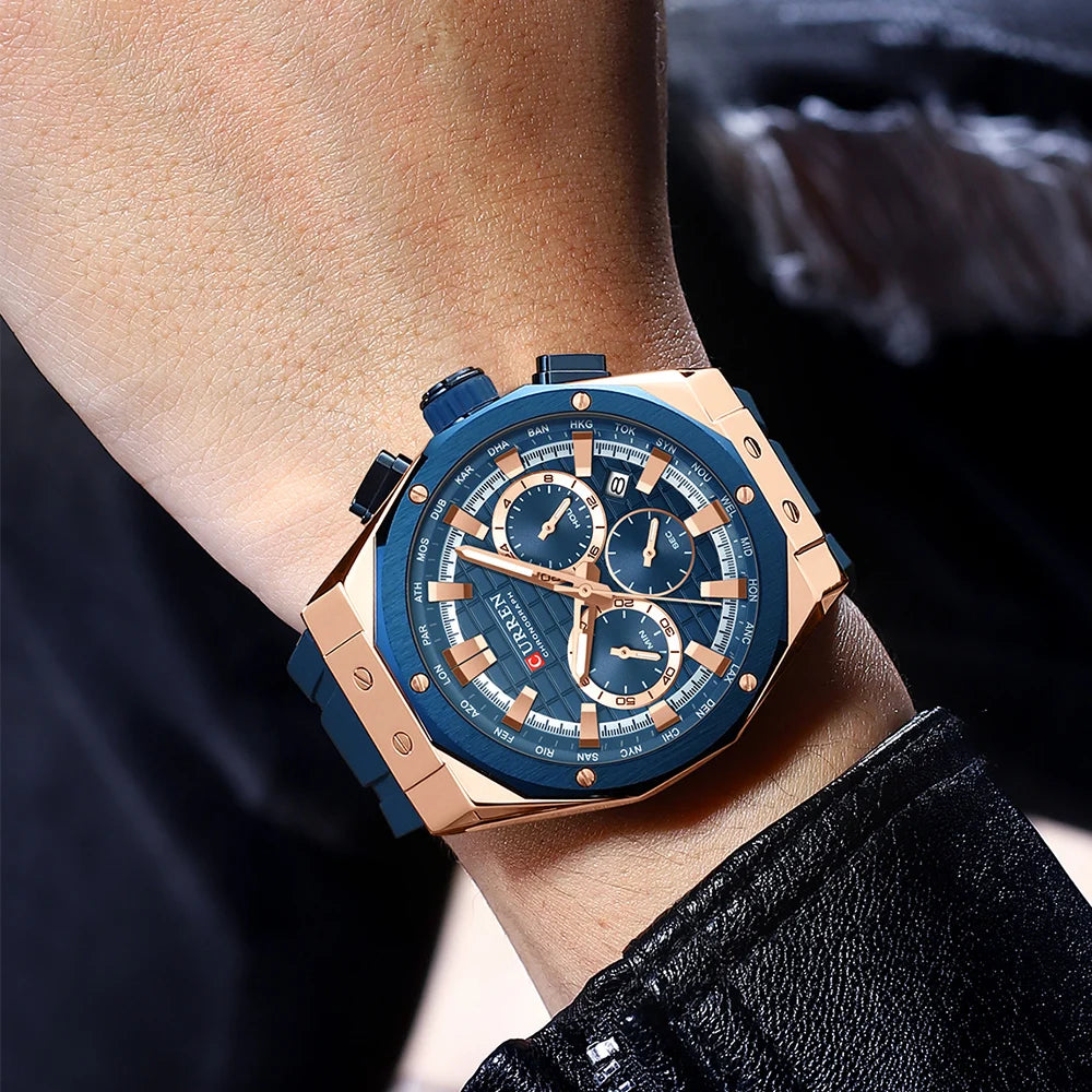 CURREN 8464 Men's Chronograph Watch – 2024 Fashion Quartz, Blue Silicone Strap, Waterproof with Calendar
