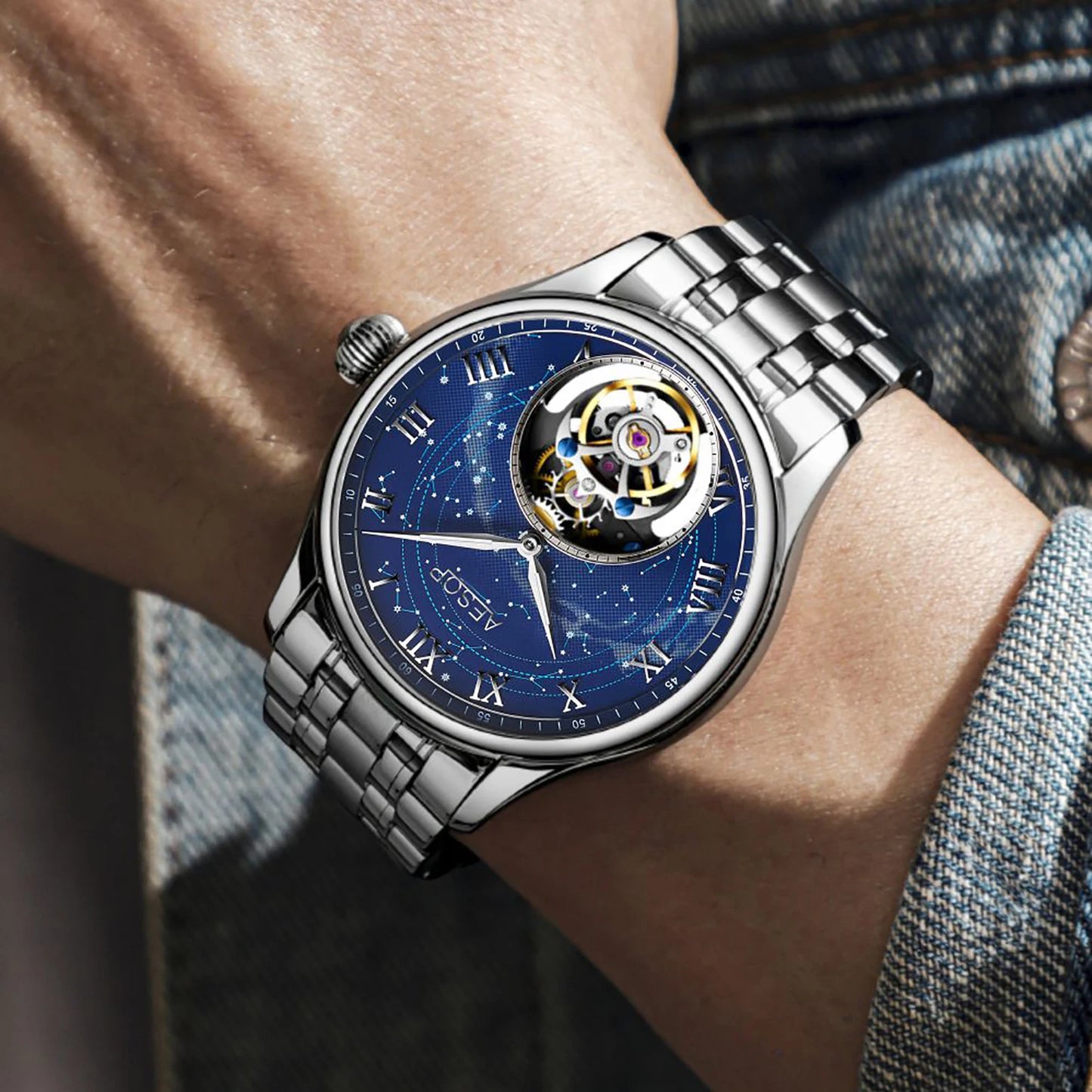 AESOP Starry Sky Tourbillon Watch – Men's Mechanical Stainless Steel Waterproof Wristwatch