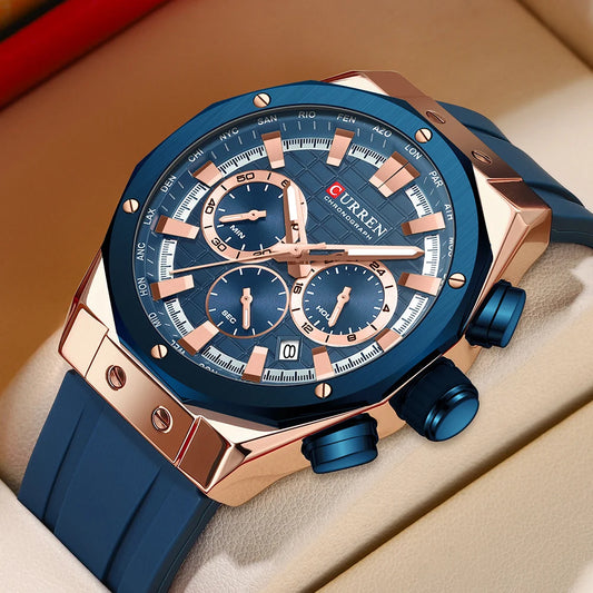 CURREN 8464 Men's Chronograph Watch – 2024 Fashion Quartz, Blue Silicone Strap, Waterproof with Calendar
