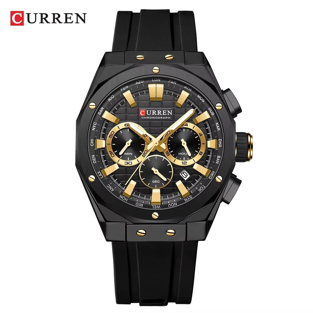 CURREN 8464 Men's Chronograph Watch – 2024 Fashion Quartz, Blue Silicone Strap, Waterproof with Calendar